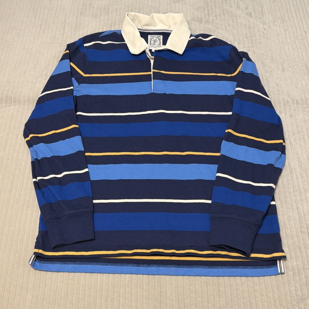 Lands End Striped Rugby Long Sleeve Collared Polo Shirt Navy White Size L 42-44